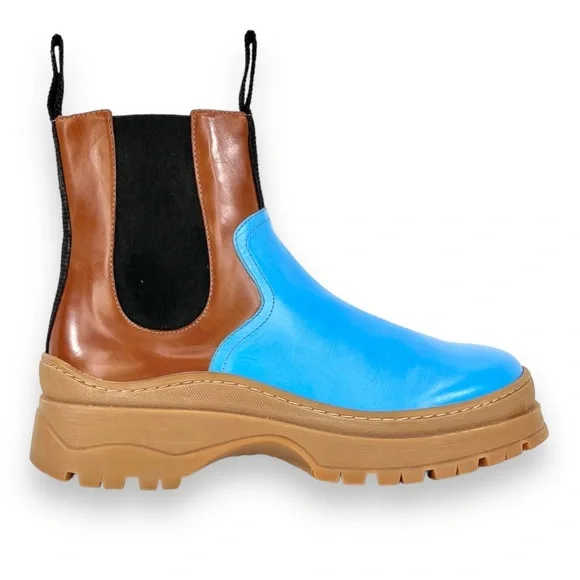 [sold] Marimekko Brown & Turquoise Color Blocked Platform Leather Chelsea Boots - Picture 2 of 5